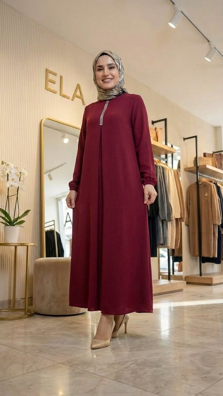 Bordo Aerobin Taşlı Elbise