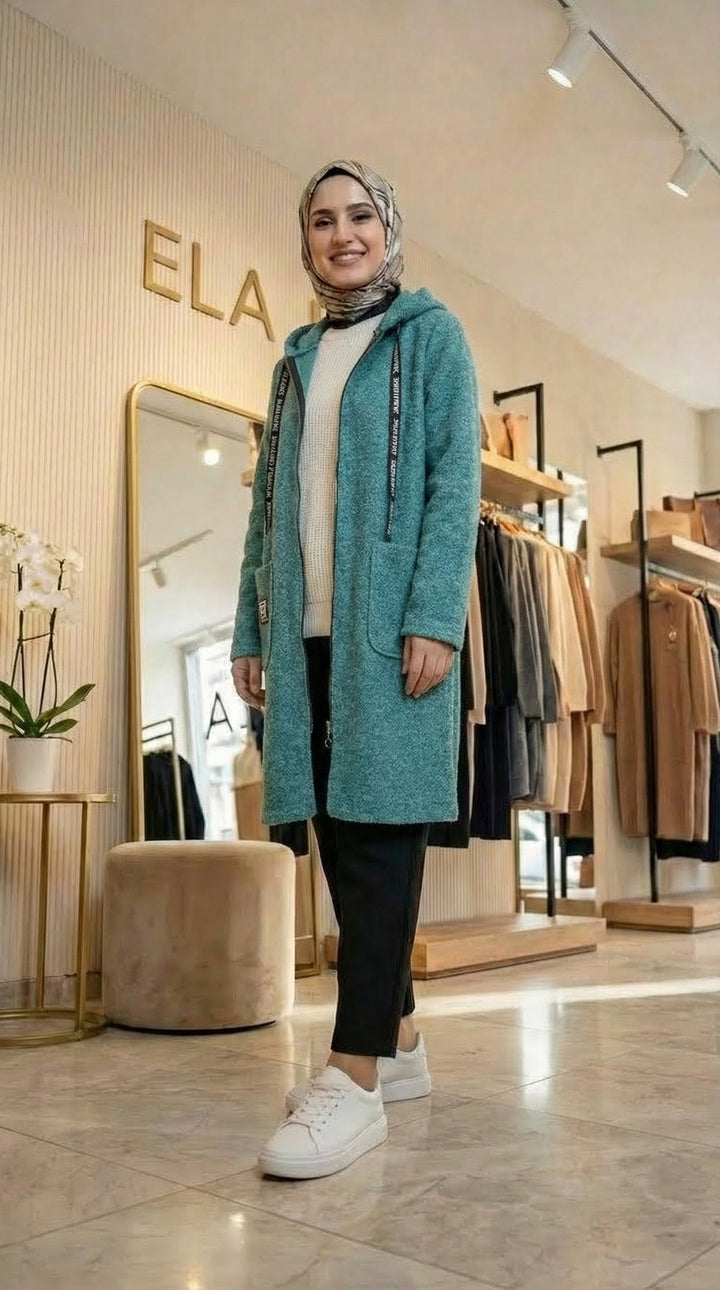 Koyu Su Yeşili Buklet Hırka